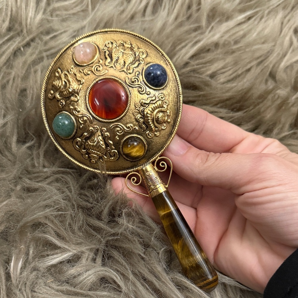 Vintage Gold Hand Mirror with Gem Accents